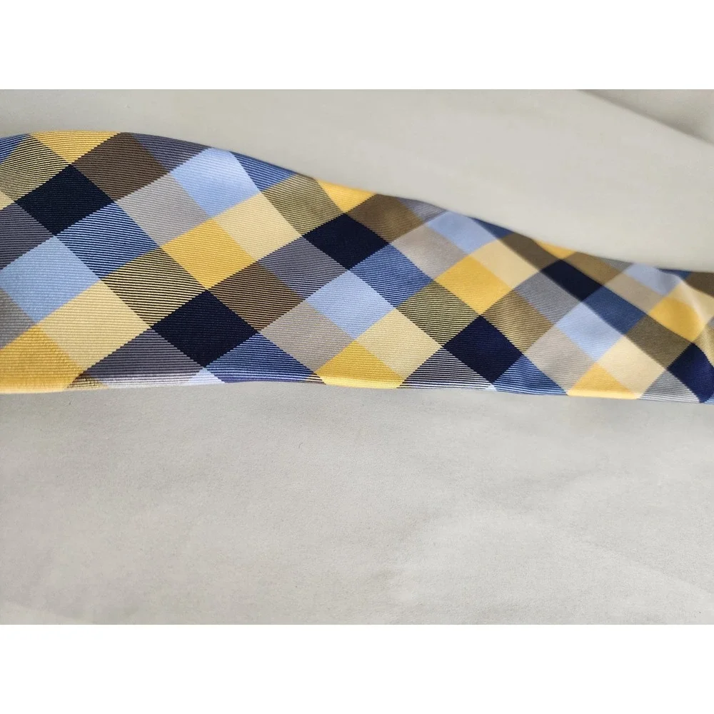 Tommy Hilfiger Mens Yellow Blue Navy Plaid 100% Silk Necktie Accessory